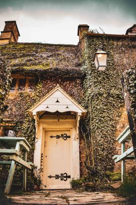 Cotswold cottage, front door, ivy, lamp, stone, old