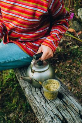 Medium shot of a person sitting on a wooden bench wearing jeans and a colorful sweater holding a teapot with a cup of Argentinian mate also placed on the bench with grass and vegetation in the background.