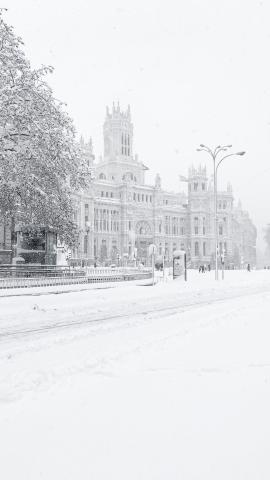 Plaza de Cibeles. Filomena snow storm in Spanish capital, Madrid