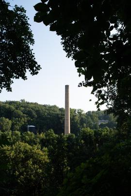 Historical Bancroft mills production industry factory smoke stack located in Wilmington Delaware at alapocas state park