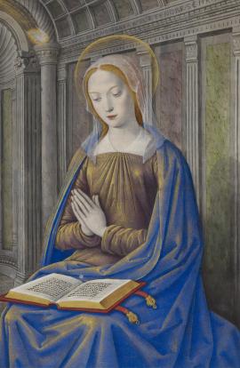 The Virgin Mary receiving the Annunciation. A book with gold clasps lies open on her lap. Circa 1500