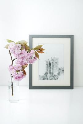just a quick snap of my flatmate’s drawing of a church, next to a pink blossom