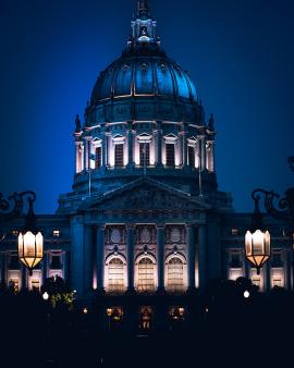 Incredible colorful aesthetic vibrant movie like film street life night twilight golden hour sunset sunrise San Francisco City Hall photography taken by professional photographer