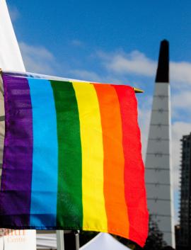 Pride Day in Calgary at the Shaw Millennium Park, with the Millennium Clock Tower ( landmark to mark the year 2000) in the back ground.   Alberta Canada 2016