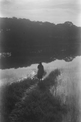 A little girl standing by the lake, the pine forest in the distance. Taken with film camera. 2020