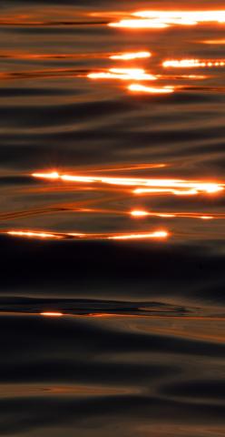 Sunset sun reflecting off the crest of lake water waves.