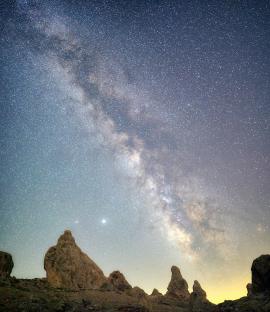 A pano of the Milky Way over the Trona Pinnacles. 