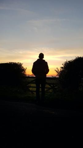 Man standing looking at the orange sunset next to a black gate