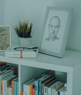 drawing of Steve Jobs on books shelf with biography of Steve Jobs