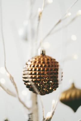 Birch, lights and copper ornament.