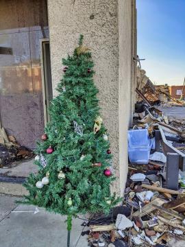 A Christmas tree standing with the debris of the December 2021 tornado. 