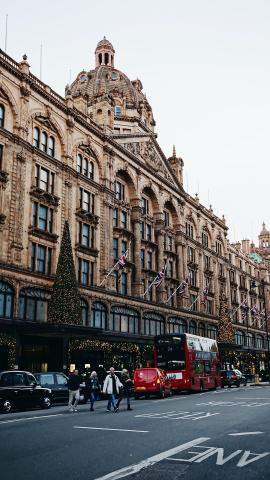 The world famous Harrods luxury department store located on Brompton Road in Knightsbridge, London, UK.