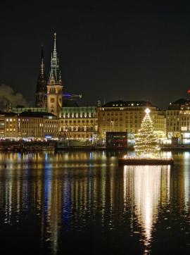 The Binnenalster in Hamburg at night with the illluminated christmas tree