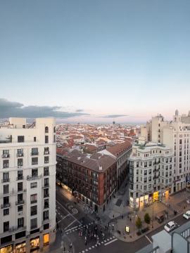 Gran Via in Madrid, Spain seen from above.