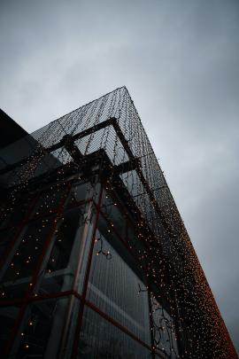 Exterior facade with light chains - dramatic atmosphere  (Made with Fujifilm X-T3)