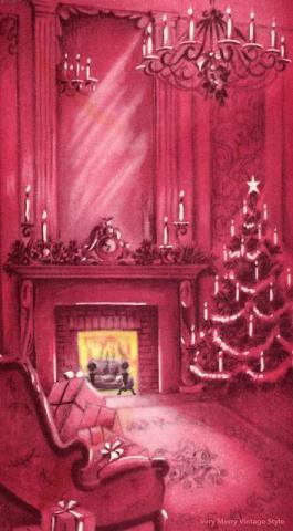 Pretty Pink Fireplace Vintage Christmas Card
