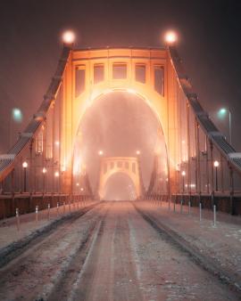 Clemente Bridge in downtown Pittsburgh, PA covered in snow during a snowstorm