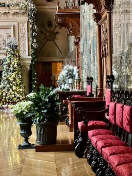 The grand Banquet Hall decorated for Christmas at the Biltmore House in Asheville, NC.