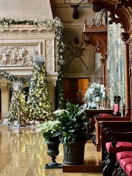 The grand Banquet Hall decorated for Christmas at the Biltmore House in Asheville, NC.
