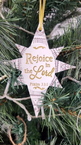 Rejoice in the Lord psalm 33:1 star on Christmas tree
