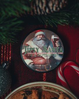 Christmas themed Product photo of Tipsy Santa Beard Balm by Daily Grind Beard Co. Product Photography by Lance Reis.