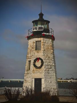 A lighthouse decorated for the holiday season in Rhode Island.