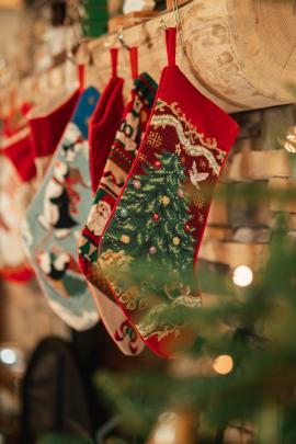 Stockings hanging from the mantle with a Christmas tree in the foreground.
