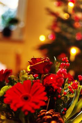 In the foreground is the bouquet 💐 and in the background is the Christmas tree