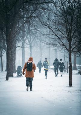 People walking in snowy Westerpark in Amsterdam