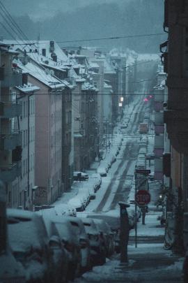 Winter street with snow in Stuttgart, Germany