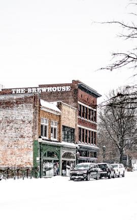 A snowy Natty Greene’s Brewhouse in downtown Greensboro
