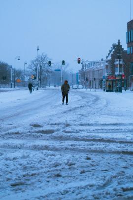 Cold winter day in Haarlem, The Netherlands with heavy wind and a lot of snow.