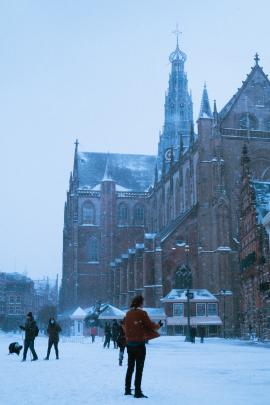 Cold winter day in Haarlem, The Netherlands with heavy wind and a lot of snow.