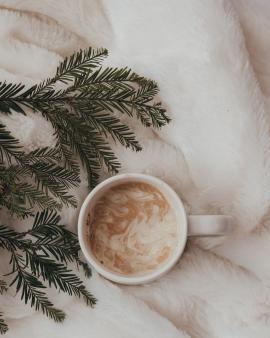 A delicious cup of coffee with cream, surrounded by soft white and pine branches.