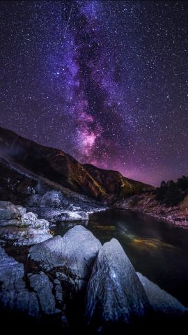 Starry sky mountains river night 2160x3840 wallpaper