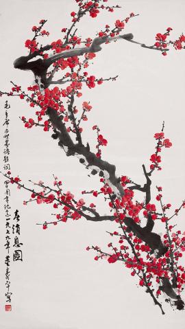 Red plum blossoms by Dong Shouping ink brush flower painting  Leecheesco