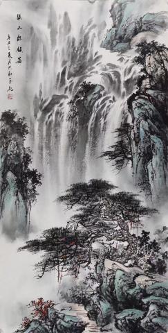 Spectacular Pine Tree and Waterfalls Chinese Painting Chinese  Etsy
