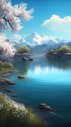 Lakes Mountains Cherry Blossom Trees