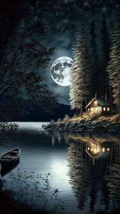 Lake Side House Moon Night