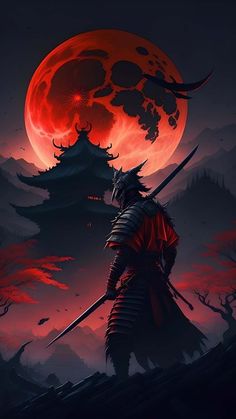 Samurai Red Moon iPhone Wallpaper 4K  iPhone Wallpapers