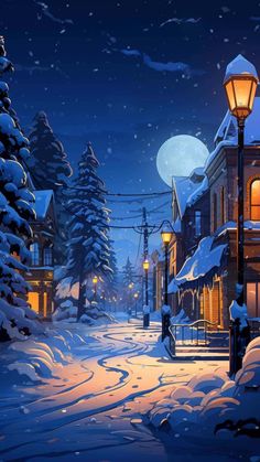 Snowfall Street Evening Moon  iPhone Wallpapers