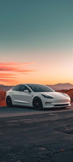 White Tesla in Sunset iPhone Wallpaper HD