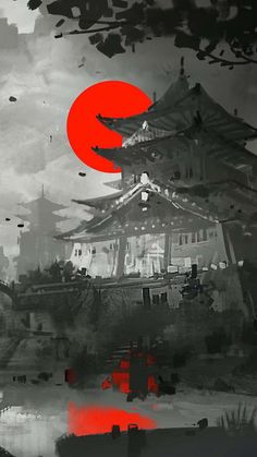 Samurai Castle Red Moon iPhone Wallpaper HD