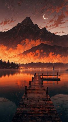 Night Lake Pier Mountains iPhone Wallpaper